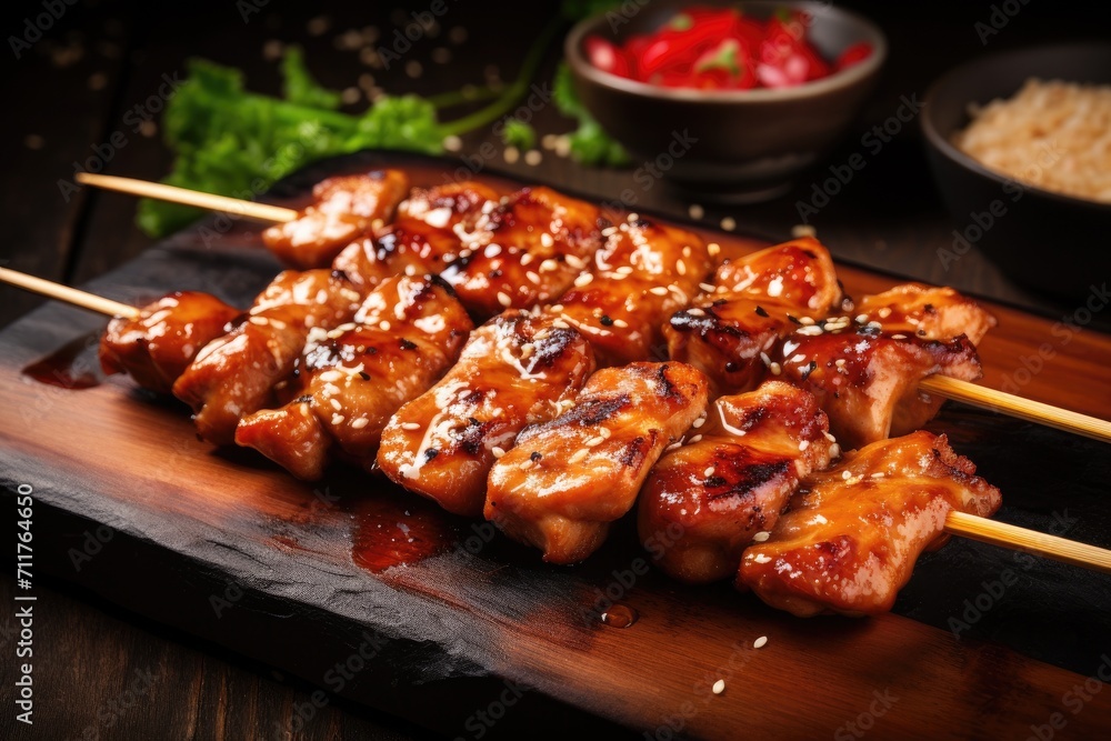 A wooden cutting board displaying tasty chicken skewers ready to be grilled or served, Grilled teriyaki chicken skewers, AI Generated