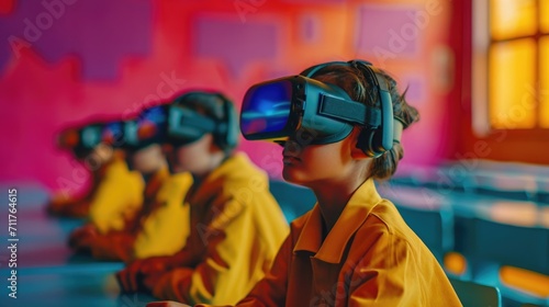 Virtual Reality Education, kids in colorful VR classroom, interactive and dynamic.