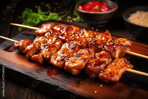 A wooden cutting board displaying tasty chicken skewers ready to be grilled or served, Grilled teriyaki chicken skewers, AI Generated