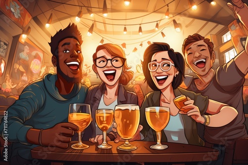 A diverse group of individuals gathering together at a table  enjoying their drinks and engaging in conversations  Group of cheerful friends with beers at the bar  AI Generated