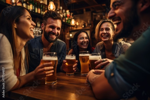 A diverse group of individuals enjoying each others company at a bar, while savoring their favorite beers, Group of cheerful friends with beers at the bar, AI Generated