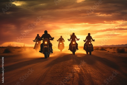 A group of people enjoy a thrilling ride on their motorcycles as they traverse a dusty dirt road, group of motorcycle riders riding toghether at sunset, AI Generated