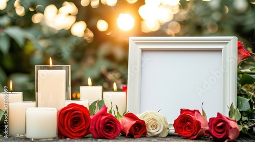 An empty frame for a photo or text near a funeral memorial with candles and flowers
