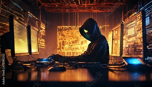 Anonymous robot hacker surrounded by a network of glowing data Cybersecurity Cybercrime Cyberattack.