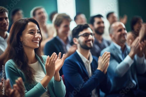 A crowd of individuals clapping and applauding to express their admiration and support, Group of people applauding together in business meeting, AI Generated