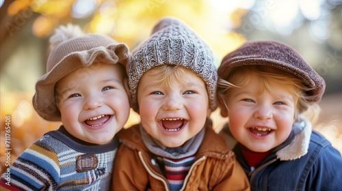 Three joyful children embracing in autumn setting with warm smiles