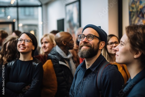 A diverse group of individuals standing together in a room, Group of people with glasses stand during an exhibition at the gallery, AI Generated