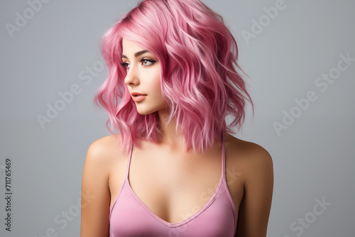 Young woman with dyed bright wavy pink hair isolated on a gray background. Result of coloring. Saturated extravagant color. Beauty and fashion