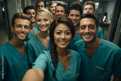 A team of smiling doctors of different races and nationalities taking a selfie together. Group photo of young interns in a medical uniform in the hospital