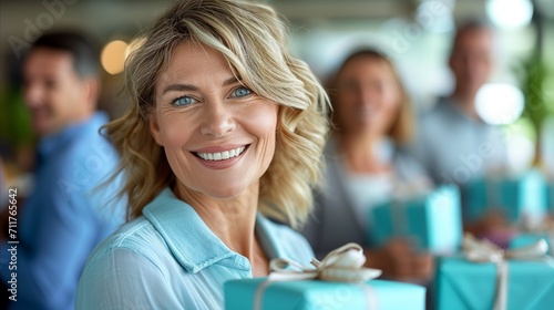 Happy woman with gift at social gathering smiling confidently