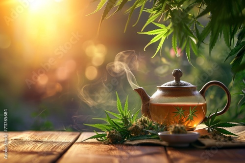 CBD tea, a cup of tea with cannabis leaves in a teapot, steam rising from the cup, copy space photo