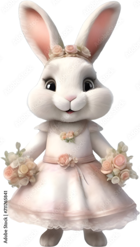 Fototapeta premium Watercolor of a cute cartoon rabbit in a bride costume.