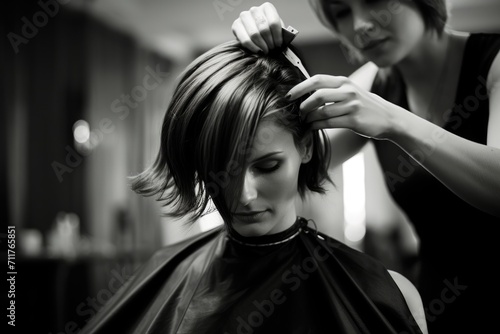 A woman carefully cuts another womans hair in a busy salon, creating a stylish and modern look, Hairdresser cutting the hair of a young woman in a beauty salon, AI Generated