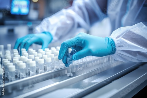 A person in blue gloves is seen operating a machine, focusing intently on the task at hand, hand with sanitary gloves check Medical vials on production line at pharmaceutical factory, AI Generated