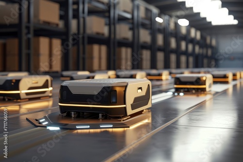 futuristic retail warehouse, Autonomous Robot transportation in warehouses. modern warehouse with automated guided vehicles AGVs moving along a track, surrounded by shelves stocked with goods. © Jiwa_Visual