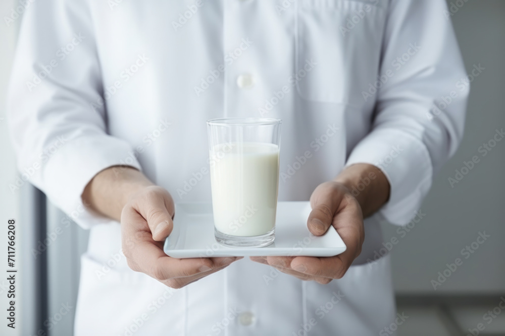 Close-up of a food inspector's hands holding a glass of milk on a tray, against a clinical background. Close-up of a food inspector's hands holding a glass of milk on a tray, against a clinical background.