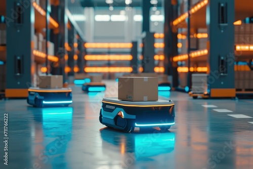 futuristic retail warehouse, completely automated and digitized. Striking shots showcase these Automated Guided Vehicles delivering packages with cutting-edge technology. photo