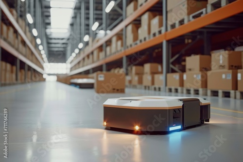 futuristic retail warehouse, Autonomous Robot transportation in warehouses. modern warehouse with automated guided vehicles AGVs moving along a track, surrounded by shelves stocked with goods.