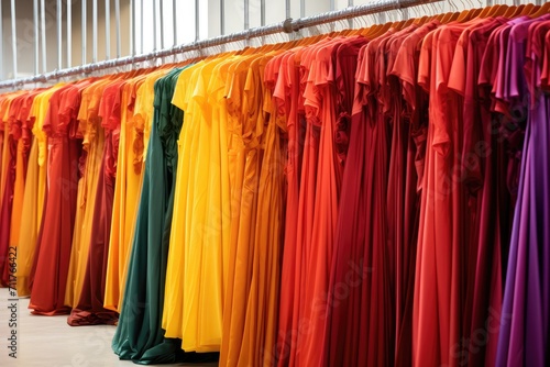 A vibrant assortment of dresses hang on a rack, creating a colorful spectacle in a fashionable store, hanging in rows of brightly colored clothes sewn for the fall or winter season, AI Generated
