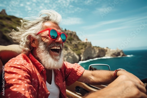 A photo of a senior man with white beard and red glasses behind the wheel of a car on a paved road, Happy bearded senior man enjoying summer road trip in Italy, AI Generated photo