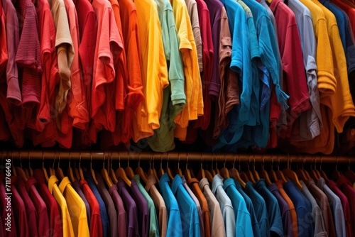 Assorted Shirts Hanging on Clothing Rack, Fashion Display, Clothes Organizer, hanging in rows of brightly colored clothes sewn for the fall or winter season, AI Generated