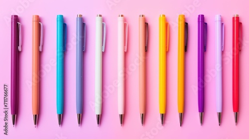 Pink background with colored ballpoint pens. Generative AI photo