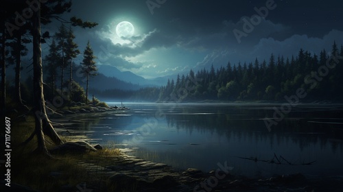 A peaceful lakeside view with moonlight reflecting on the calm waters  capturing the serene ambiance of a nighttime lakeshore. - Generative AI