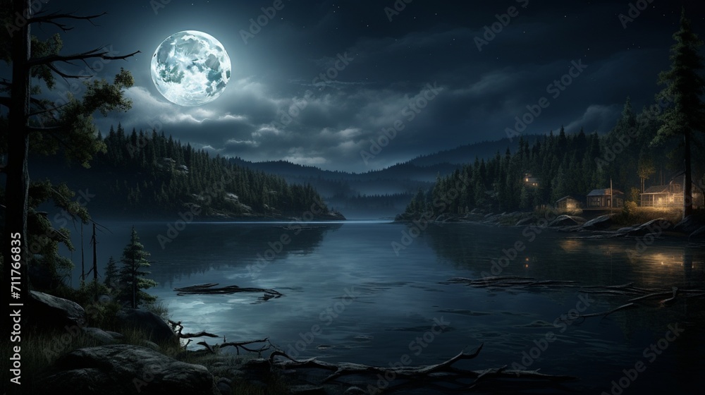 A peaceful lakeside view with moonlight reflecting on the calm waters, capturing the serene ambiance of a nighttime lakeshore. - Generative AI