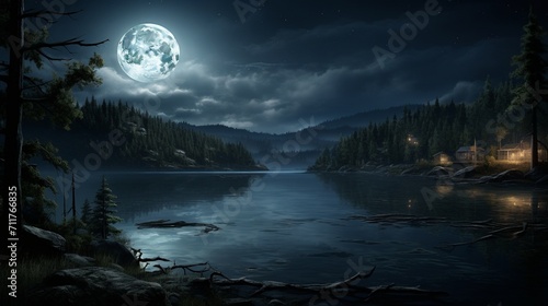A peaceful lakeside view with moonlight reflecting on the calm waters, capturing the serene ambiance of a nighttime lakeshore. - Generative AI