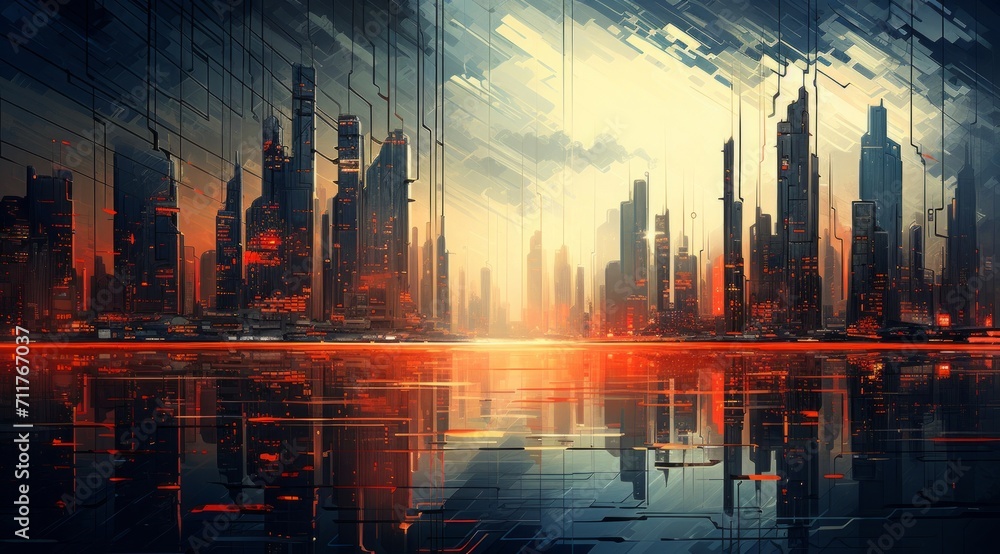 Naklejka premium Futuristic Cityscape at Sunset