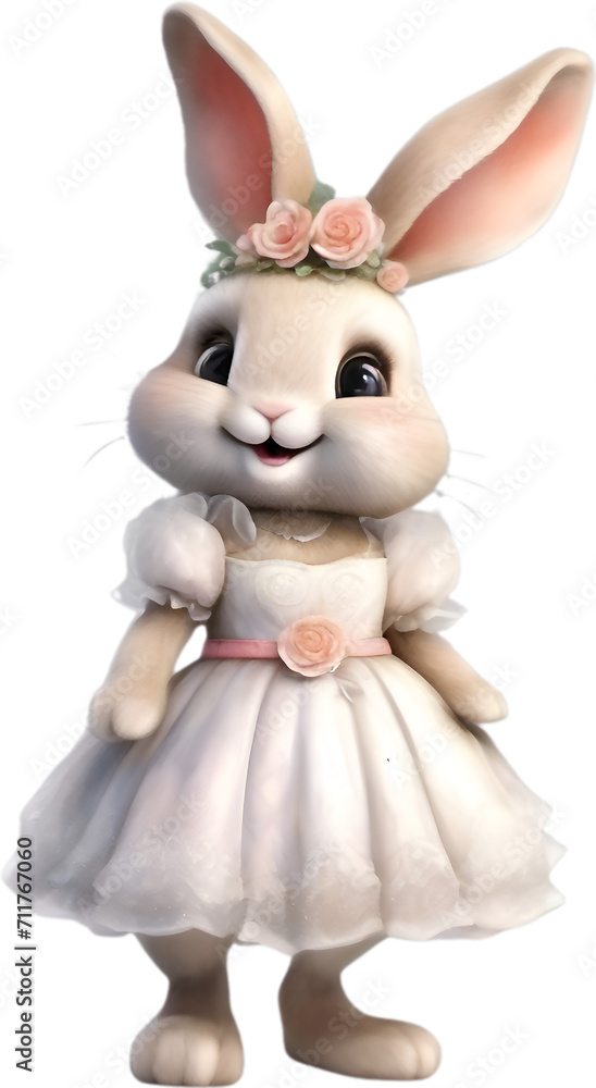 Watercolor of a cute cartoon rabbit in a bride costume.