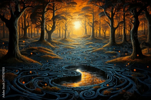 Enchanted forest labyrinths, twisting and turning with magical illusions - Generative AI