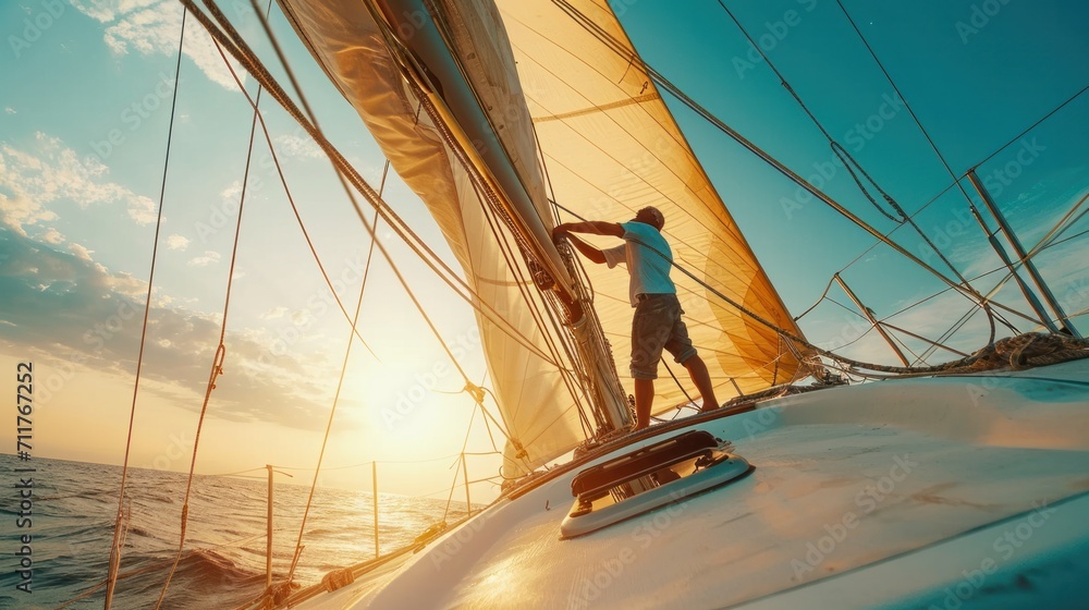 Beautiful inspiring shot of action adventure of sailor or captain on yacht or sailboat attaching big mainsail or spinnaker with ropes on deck of epic boat, sunny summer adventure lifestyle    - obrazy, fototapety, plakaty 