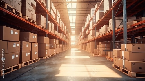 retail warehouse. the goods distribution center, lined with shelves with goods in cardboard boxes, racks with boxes in the warehouse © екатерина лагунова