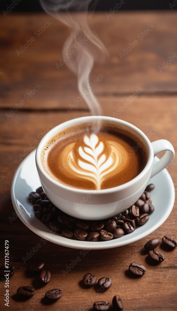 Cup of coffee on a wooden table generated by AI
