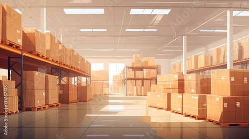 retail warehouse. the goods distribution center  lined with shelves with goods in cardboard boxes  racks with boxes in the warehouse