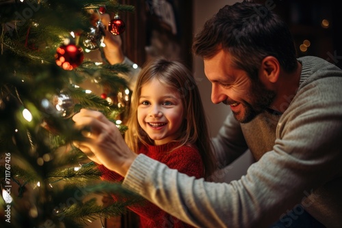 A man and a little girl happily decorate a Christmas tree, Happy parent helping their daughter decorate the house christmas tree, AI Generated