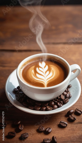 Cup of coffee on a wooden table generated by AI