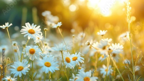 Chamomile flower field. Camomile in the nature. Field of camomiles at sunny day at nature. Camomile daisy flowers in summer day. Chamomile flowers field wide background in sun light 