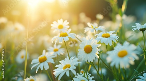 Chamomile flower field. Camomile in the nature. Field of camomiles at sunny day at nature. Camomile daisy flowers in summer day. Chamomile flowers field wide background in sun light    