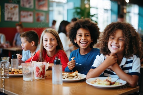 A diverse group of happy children gathered around a table, enjoying a meal together, Happy students eating food during lunch time in school cafe, AI Generated photo