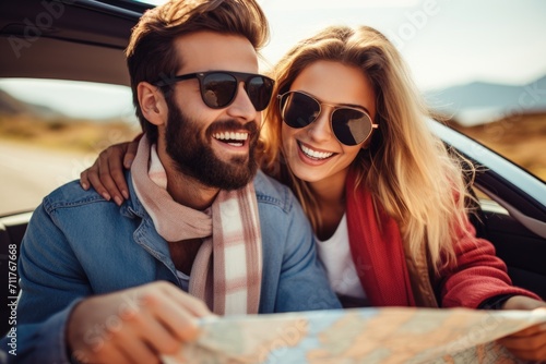 A man and a woman are seen sitting in a car, engrossed in studying a map as they plan their route, Happy young couple looking at the map and smiling on a roadtrip for directions, AI Generated