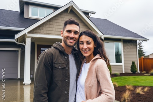 Man and Woman Standing in Front of a House Together in a Residential Neighborhood, Happy young couple standing in front of new home - Husband and wife buying new house, AI Generated © Iftikhar alam