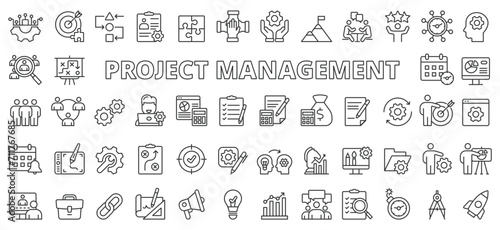 Project management icons in line design. Business, work, office, analysis, plan, development, digital, chart, process isolated on white background vector. Project management editable stroke icon.