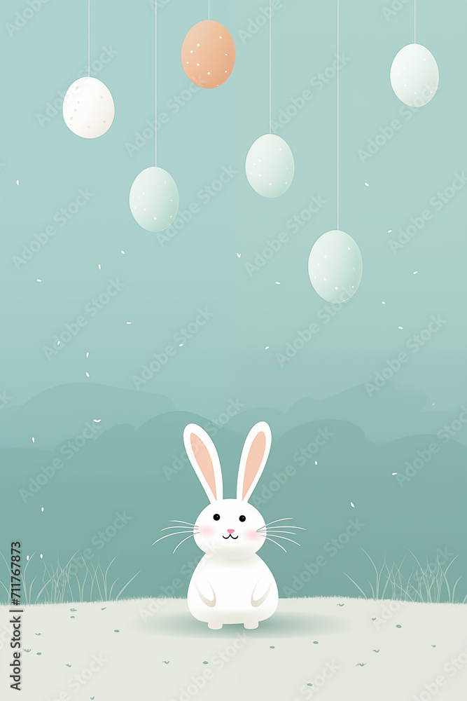 Obraz premium Charming white Easter bunny with hanging pastel eggs Illustration. Easter Card
