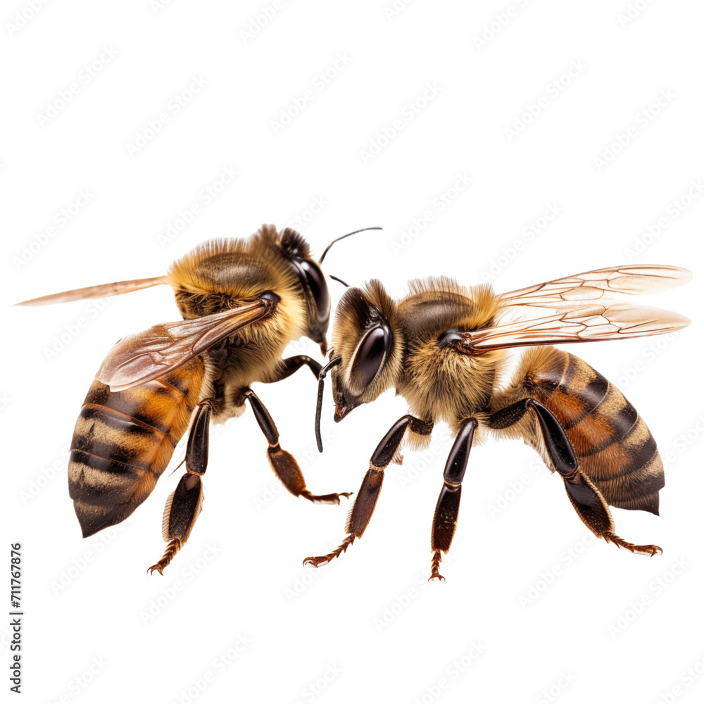 Close-up of two bee isolated on transparent and white background. Generative ai - obrazy, fototapety, plakaty 
