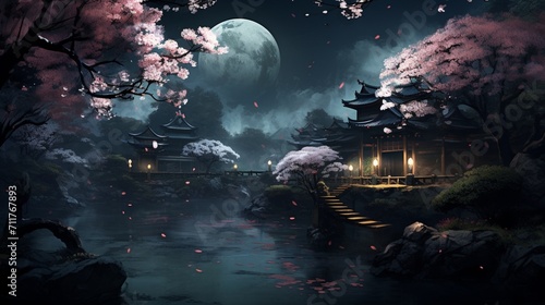 A peaceful nighttime view of a cherry blossom garden with softly illuminated blooms under the moonlight, capturing the serene and delicate beauty of a nighttime floral haven - Generative AI