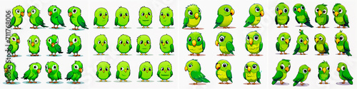 Funny and adorable green parrot characters for all ages. Can be used in various forms of media such as animations, stickers and merchandise. Each character has its own unique personality and traits. photo