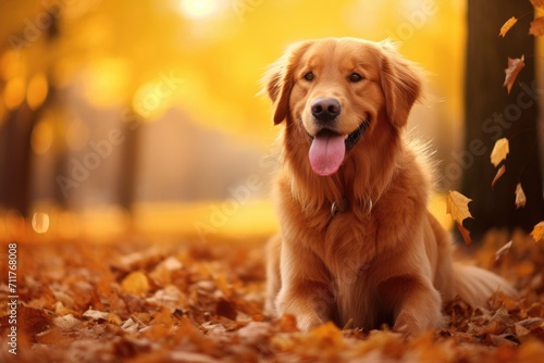 A adorable golden retriever dog enjoys the outdoors, sitting amidst a colorful pile of fallen leaves in a park during autumn, Happy golden retriever dog on Autumn nature background, AI Generated
