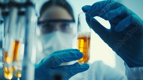 Close-up of a laboratory worker in medical equipment holds a glass with analyzes and looks at it's to assess the reaction. Research concept for saliva or urine blood tests 